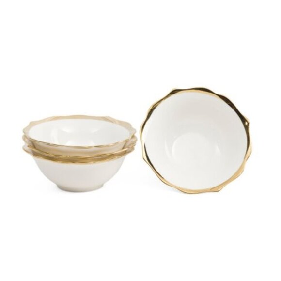 BELLA LUX 4pk White Bowls With Gold Tone Border - Picture 1 of 6